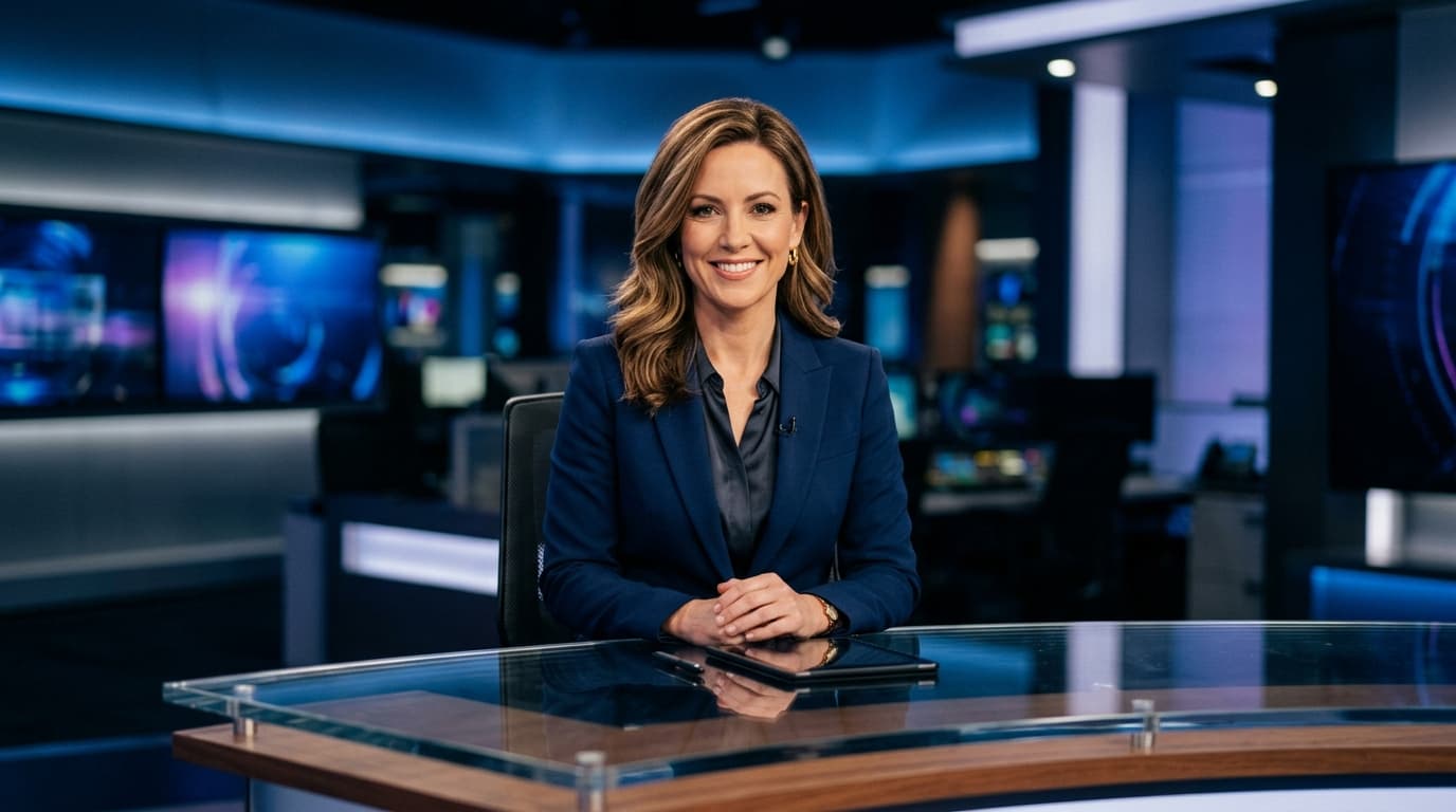Synthetic television news anchor with authentic AI Marker visual badge overlay